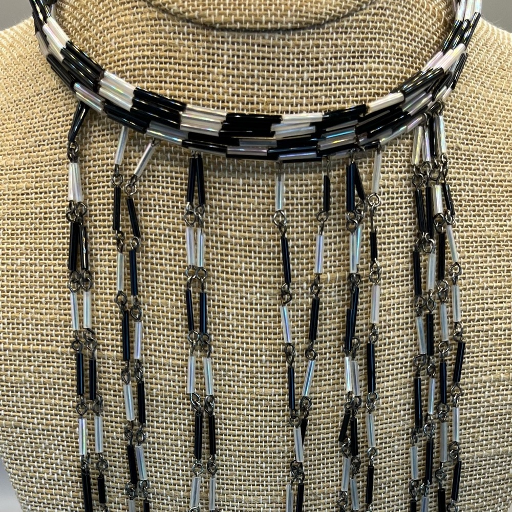 Funky Black, Frosted White Glass Beaded Choker Necklace, 14”, New Old Stock